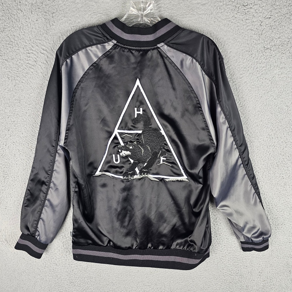 HUF Varsity Jacket Mens S Black Grey Wolf Embroidered Satin Bomber Streetwear
